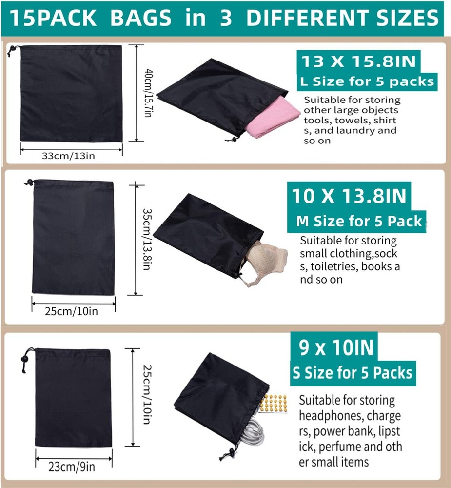 Jarler 15packs Drawstring Bag String with Toggle - 15Pcs Multi Size, Black