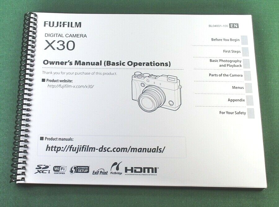 Fujifilm X30 Basic Owner's Manual: 56 Pages & Protective Covers!