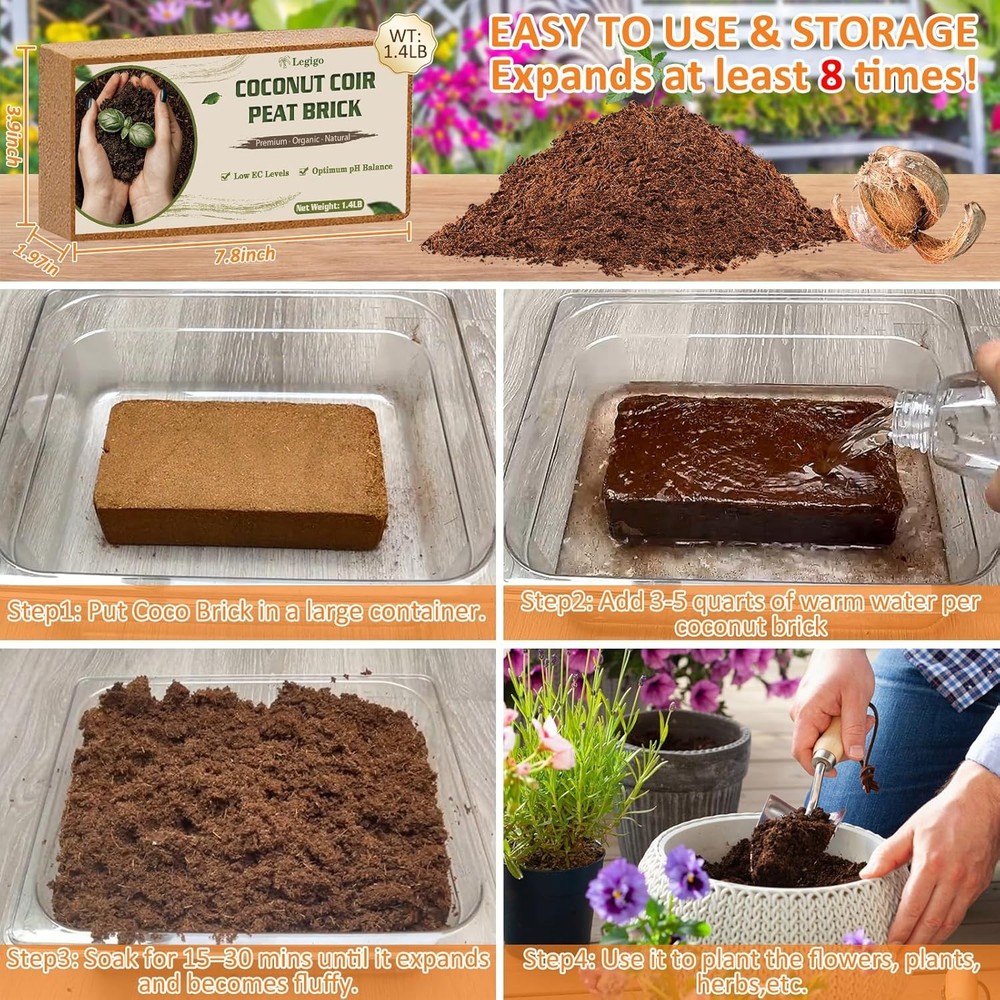 4 Pack Compressed Organic Coco Coir Bricks for Gardening and Plants