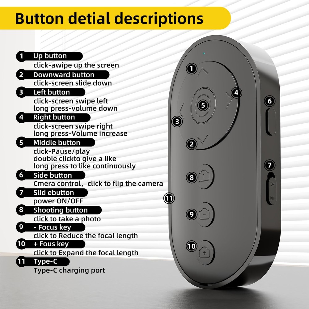 Bluetooth Camera Remote Shutter with Zoom and Front/Rear Camera Switch for Ph