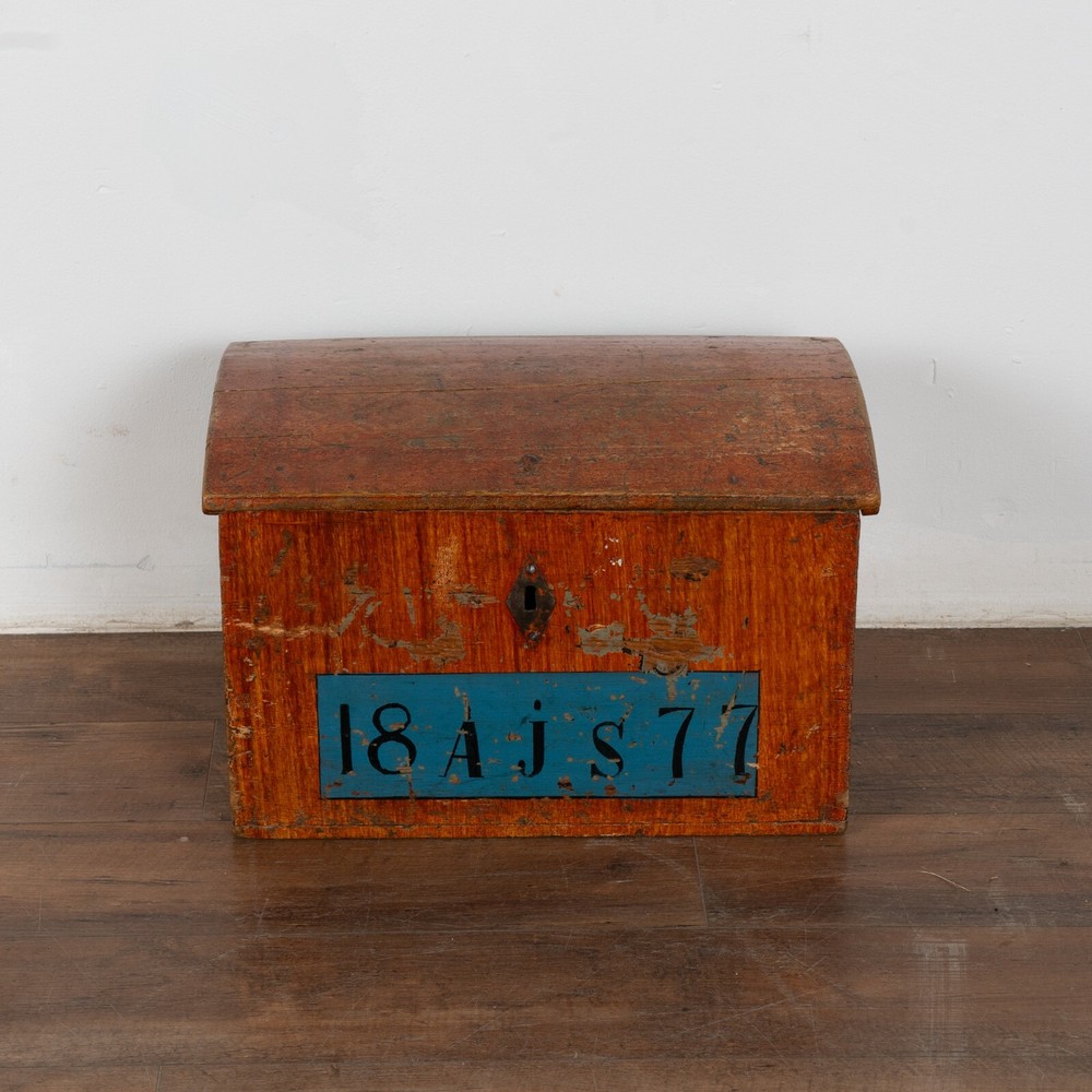 Small Original Painted Swedish Pine Dome Top Trunk dated 1877