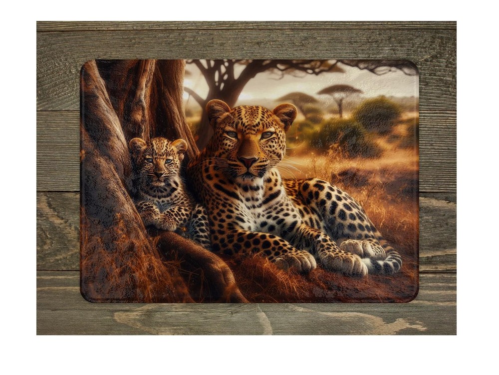Tempered Glass Cutting Board Leopard Design Rubber Feet Two Sizes