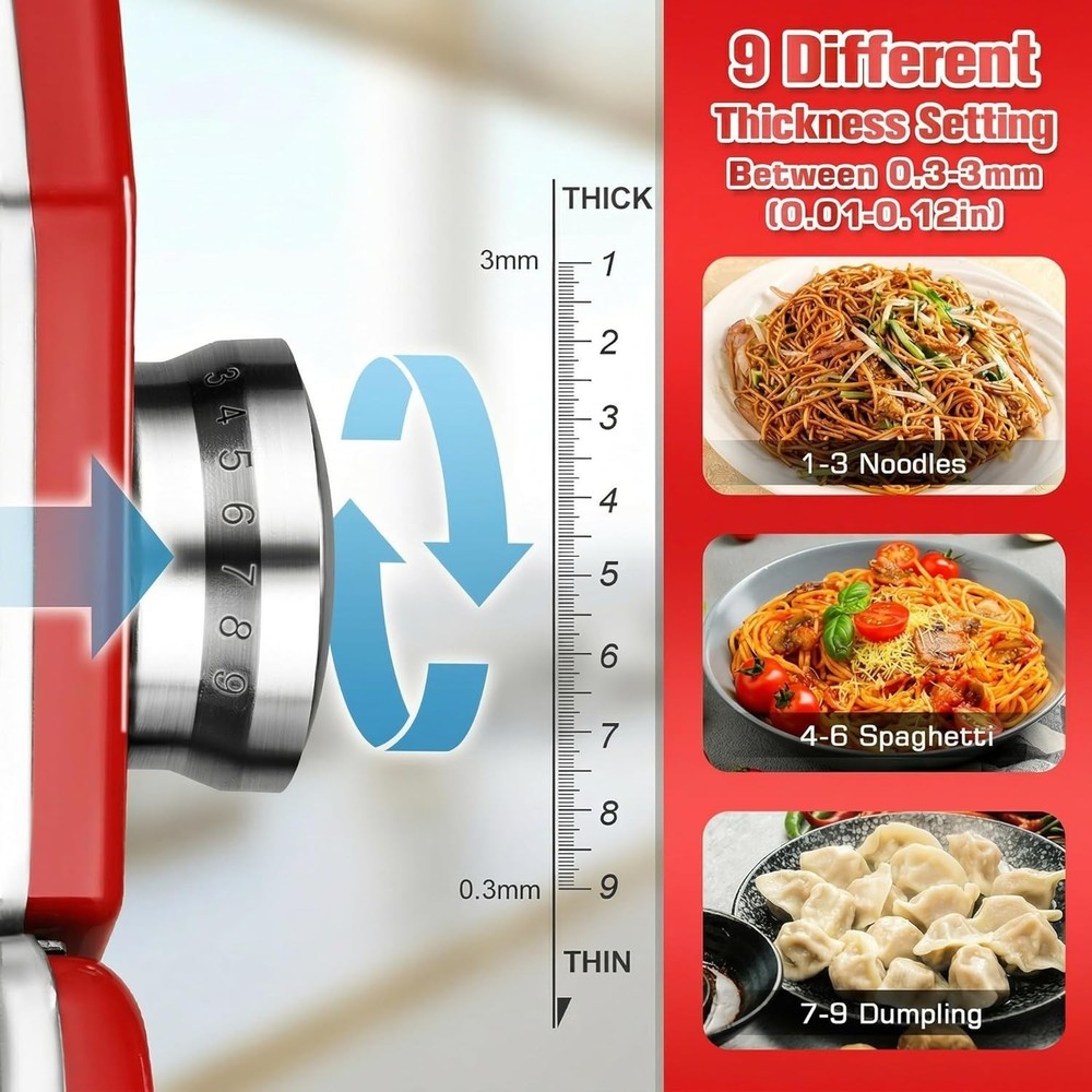 Red 180 Roller Manual Pasta Maker Machine with 9 Thickness Settings