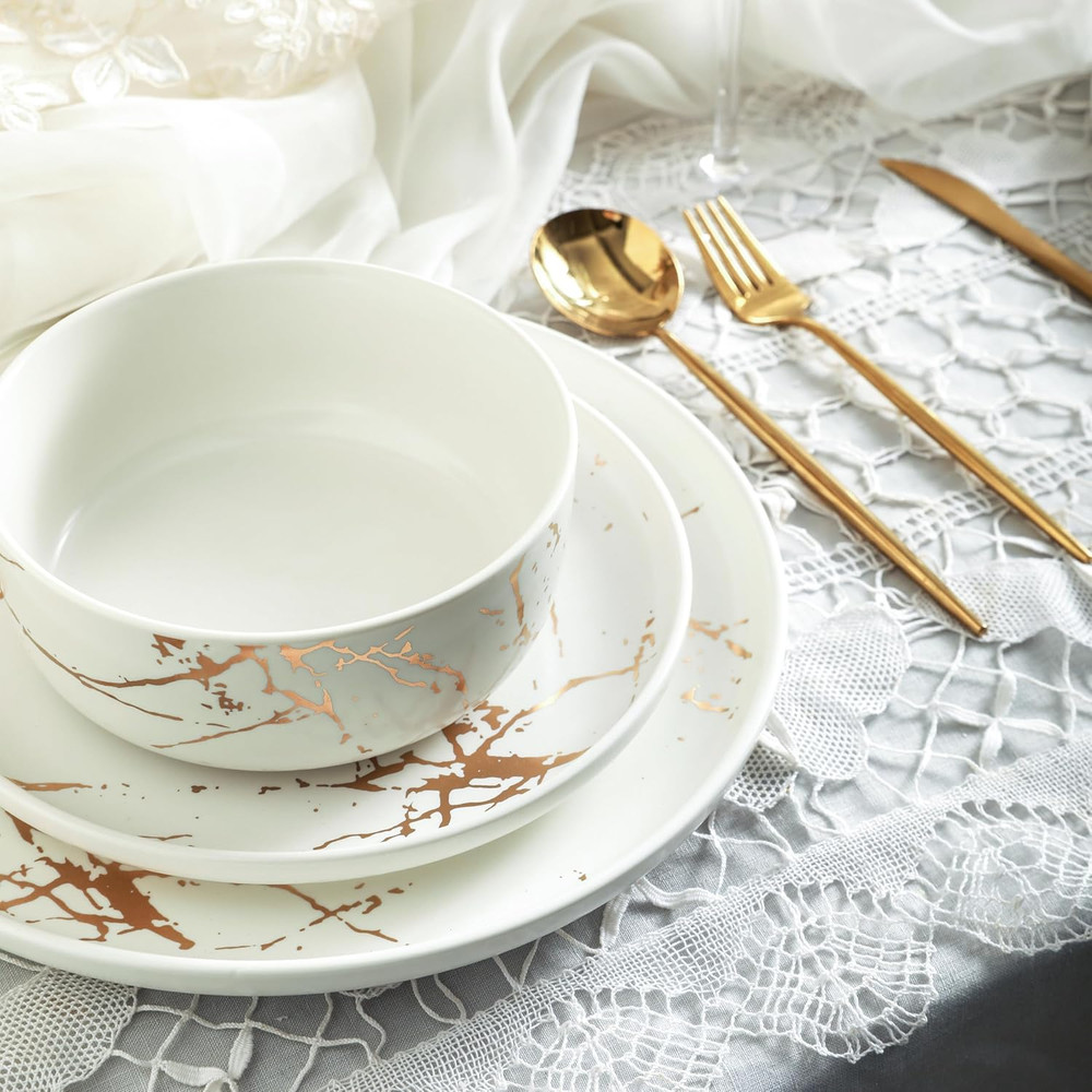 Porcelain 16 Piece Dinnerware Set, 4 Full White Gold Splash Sets