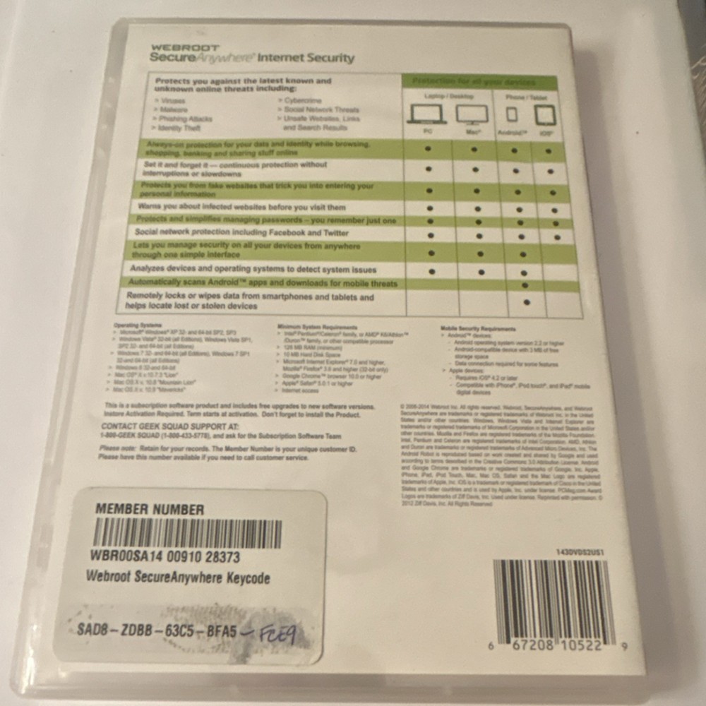 Webroot SecureAnywhere Internet Security DVD for PC Mac Android iOS 3 Devices