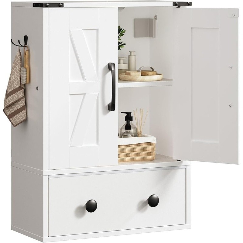 Wall Mounted Bathroom Storage Cabinet Adjustable Shelf Rustic Double Door Drawer