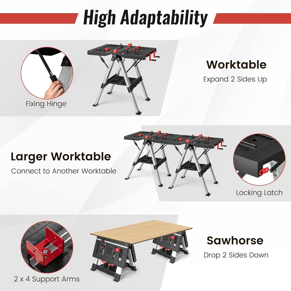 IRONMAX Folding Work Table, 2-In-1 Height Adjustable Workbench & Sawhorse W/Fold