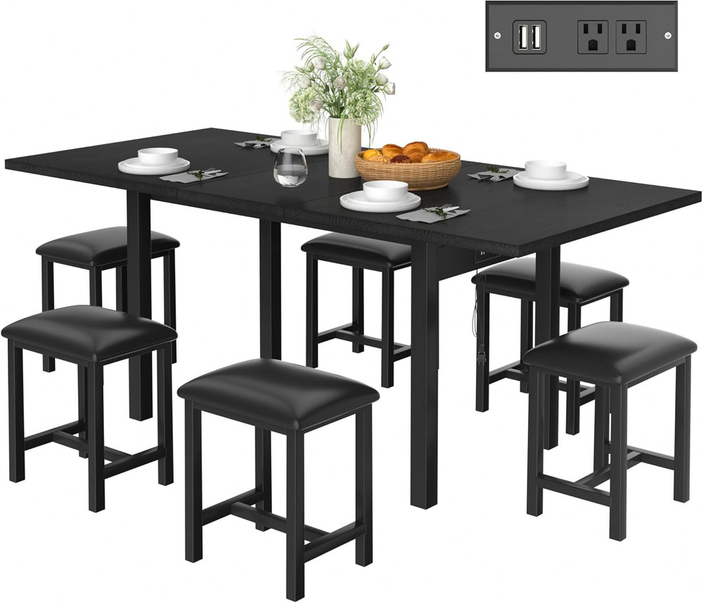 Expandable 7-Piece Dining Set with USB Charging, Perfect for Small Spaces