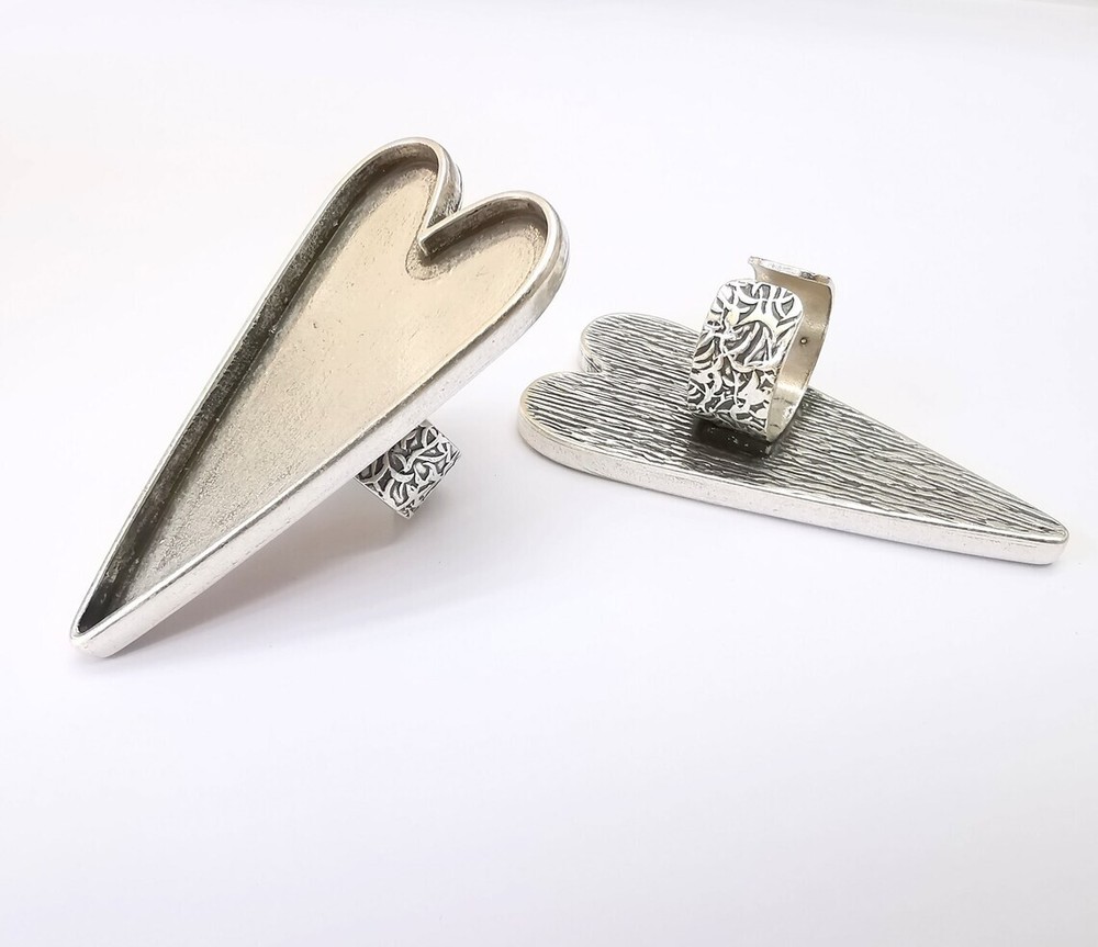 Large Heart Ring Blank Settings, Cabochon Mounting, Adjustable Antique Silver