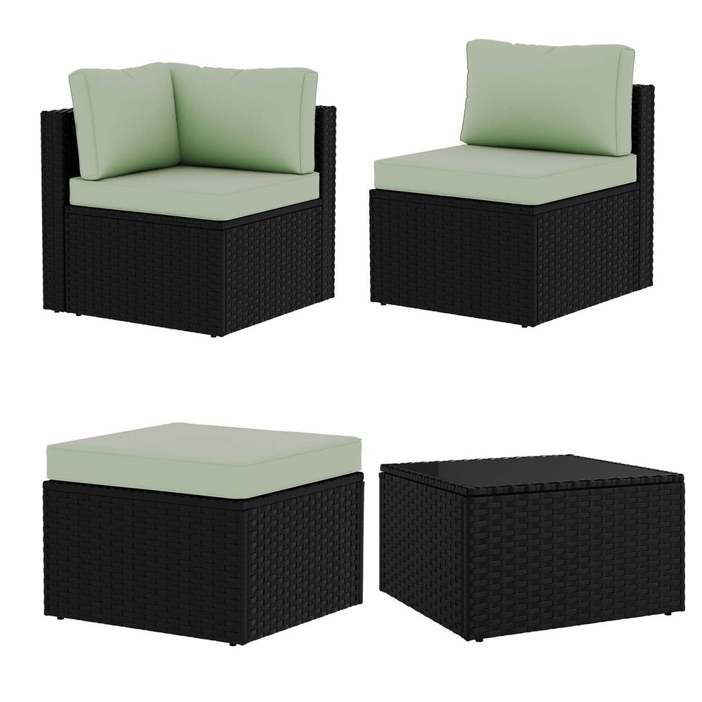 3-Piece Black Rattan Conversation Set Sofa Ottoman Table Light Green