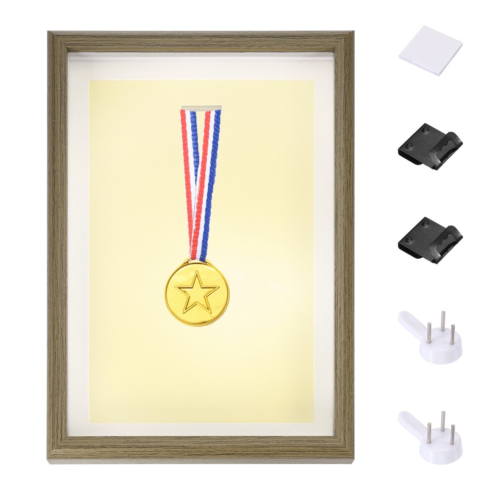 13x9" Vertical Shadow Box Frame with Push Pins 1 Adhesive, Walnut Color