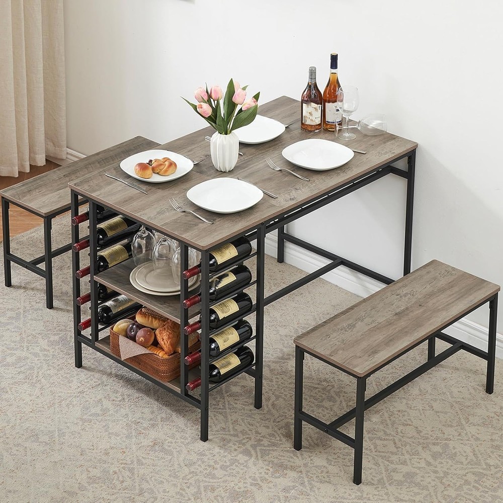47" Dining Table Set for 4, 3 Pieces Kitchen Table Set with 2 Benches, Wine Rack