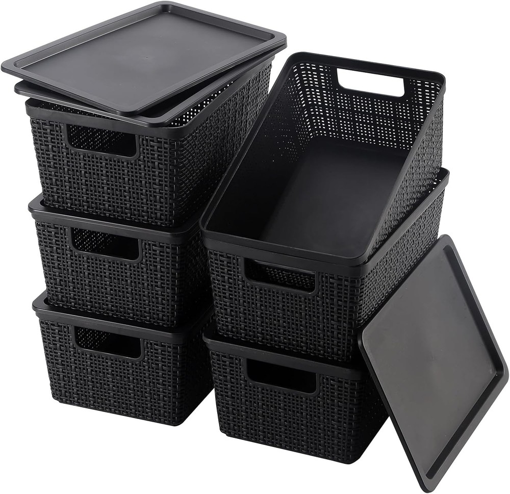 6 Pack Plastic Storage Baskets With Lids,Black Breathable Stackable Storage Bins