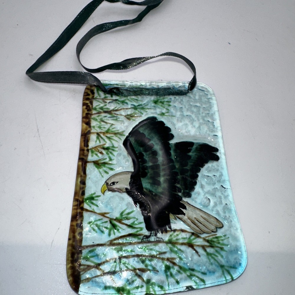 Studio Art Glass Reverse Painted Flying Eagle  Suncatcher Ornament
