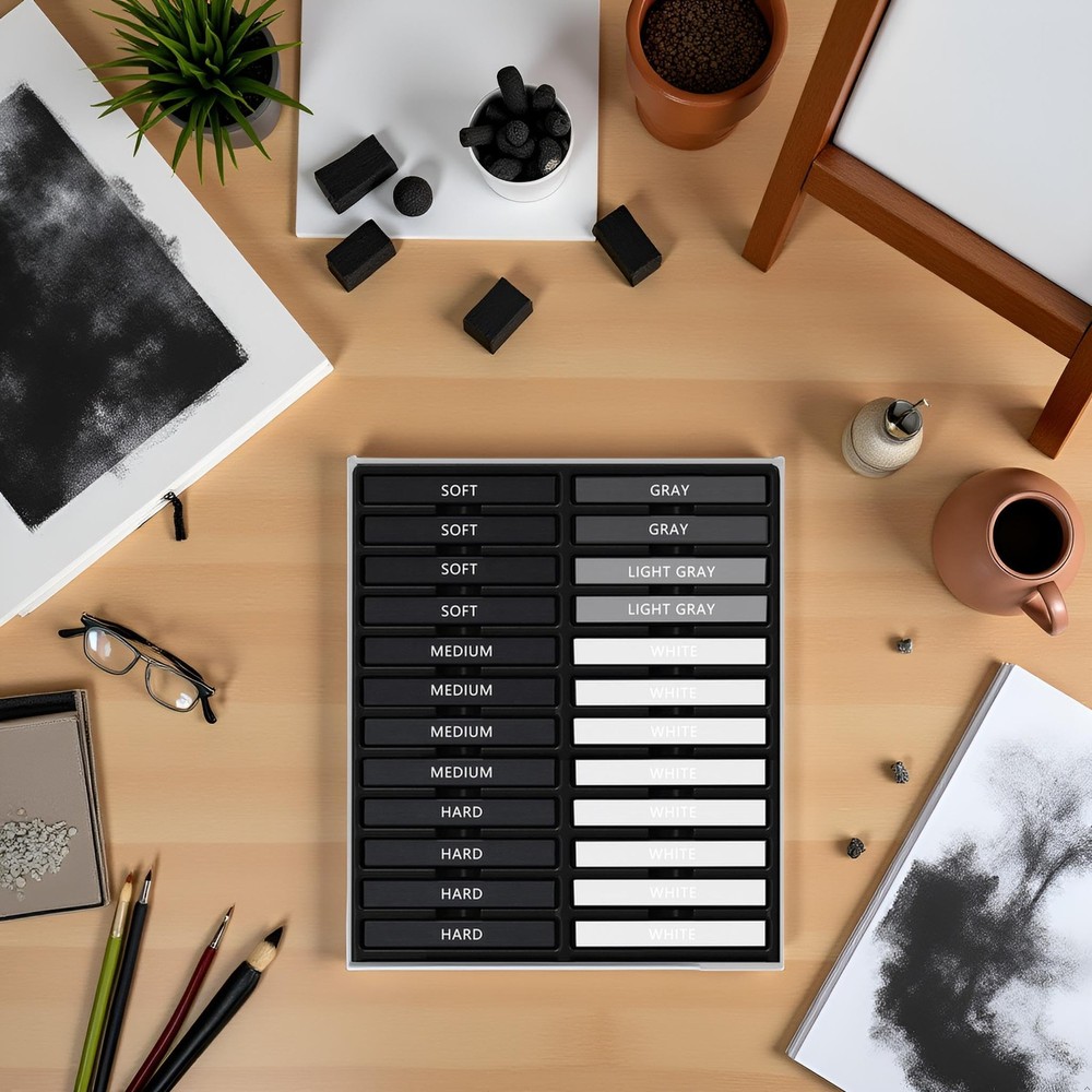 24 Pcs Compressed Charcoal Sticks with Soft, Medium, Hard and White Charcoal,...