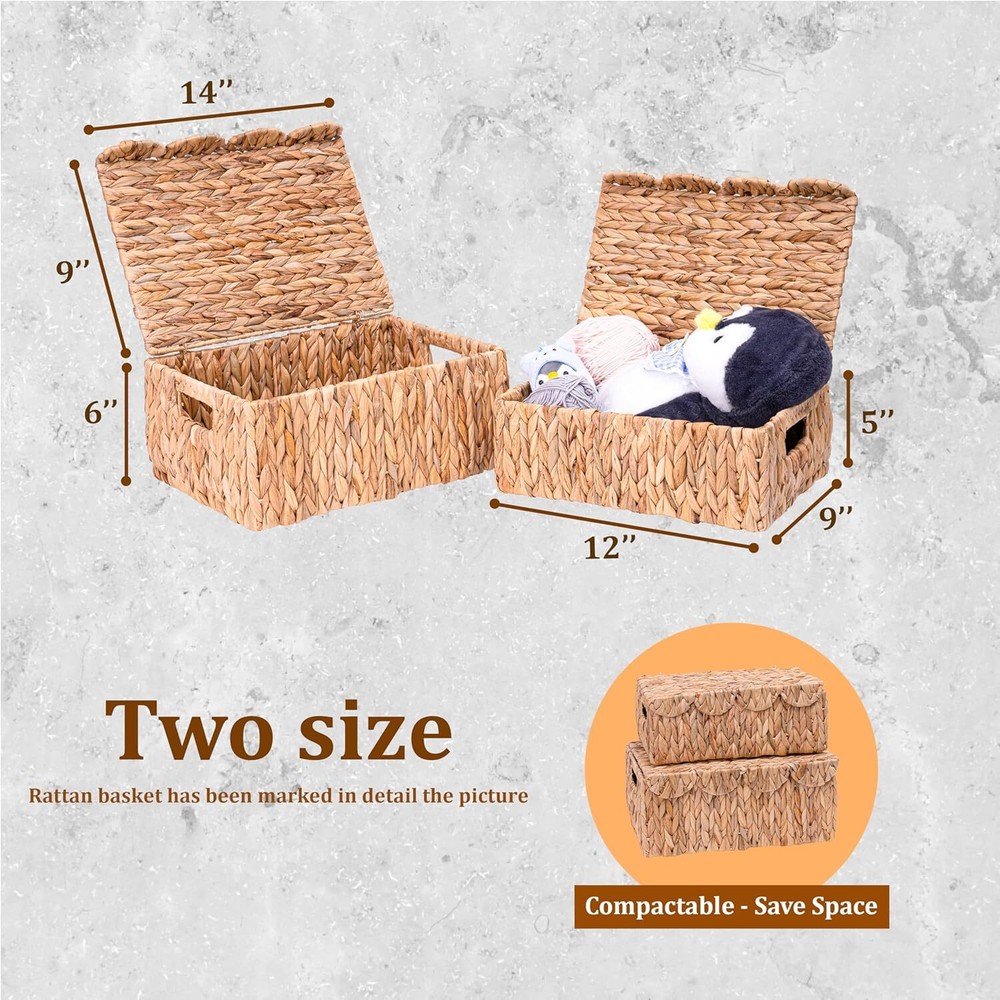 Rectangular wicker storage basket with built-in handles, set of 2