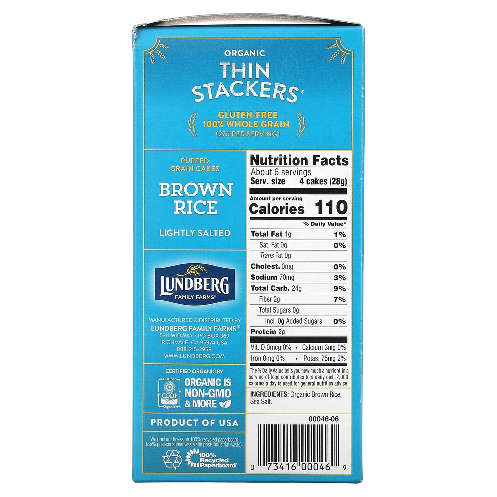 Organic Thin Stackers, Puffed Grain Cakes, Brown Rice, Lightly Salted, 24 Rice