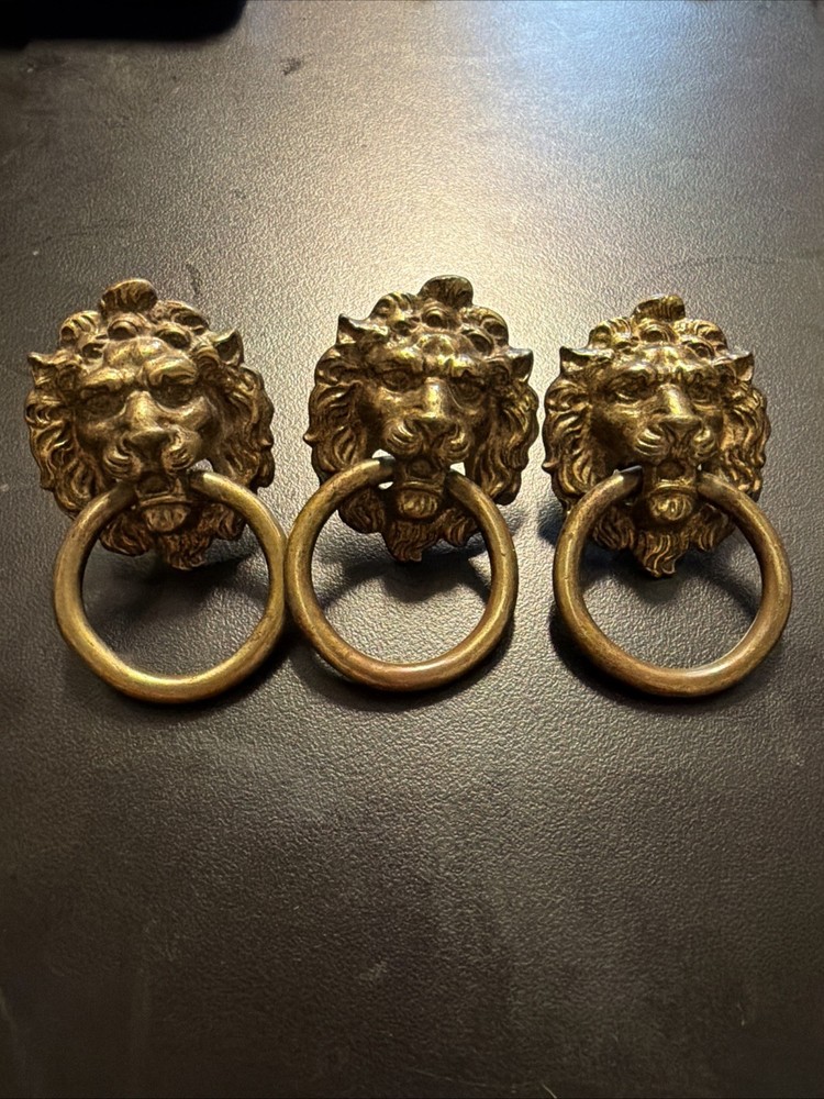Antique Vintage Solid Brass Lions Lion's Head Knob Pull Drop Handle
