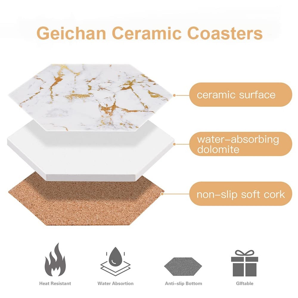 Marble Gold Coasters for Drinks Absorbent with Cork Base, 6pcs Drink Coasters...