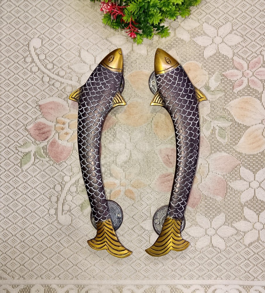 11" Inches Fish Door Handle Pair Brass Nautical Creature Door Pull Decor CA116