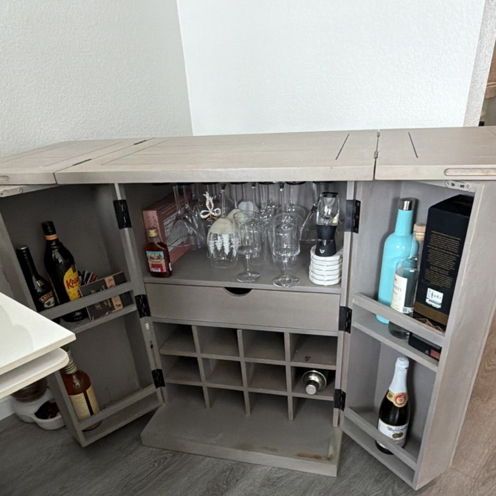 Gray Wood Freestanding Bar Cabinet, 2 Doors, Rectangular, Wine Rack Storage