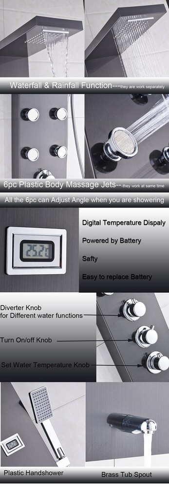 Black Shower Panel Rain&Waterfall Digital Display Handheld Spray Wall Mount Taps