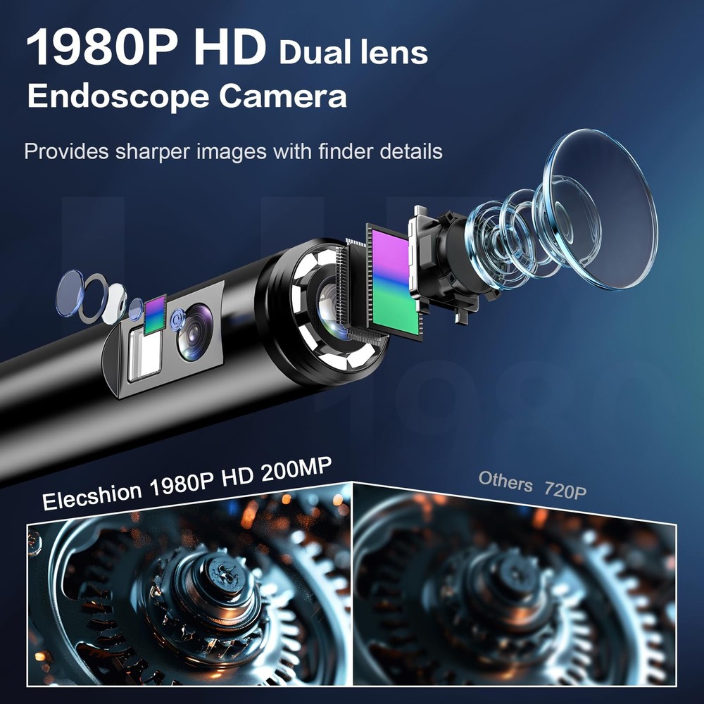 Dual Lens Endoscope Borescope Inspection Camera with 8 Adjustable LED Lights ...