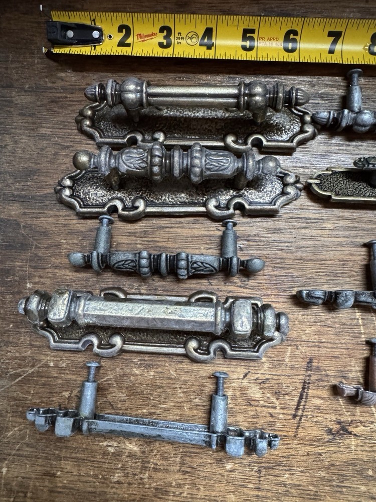 Assorted Antique Brass Drawer Pulls Set of 13 Various Sizes