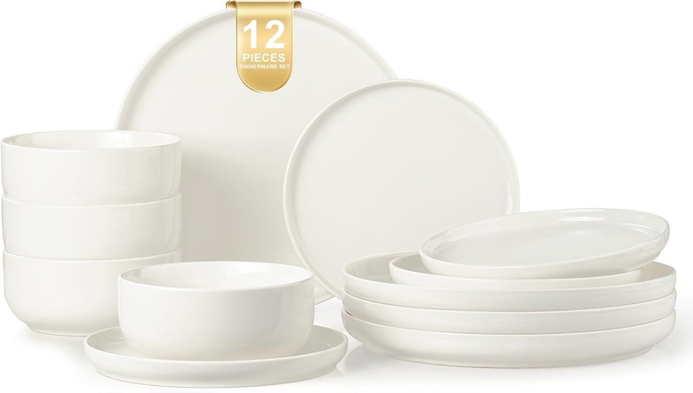 12 Piece Ceramic Dinnerware Set for 4 White Stoneware Plates Bowls