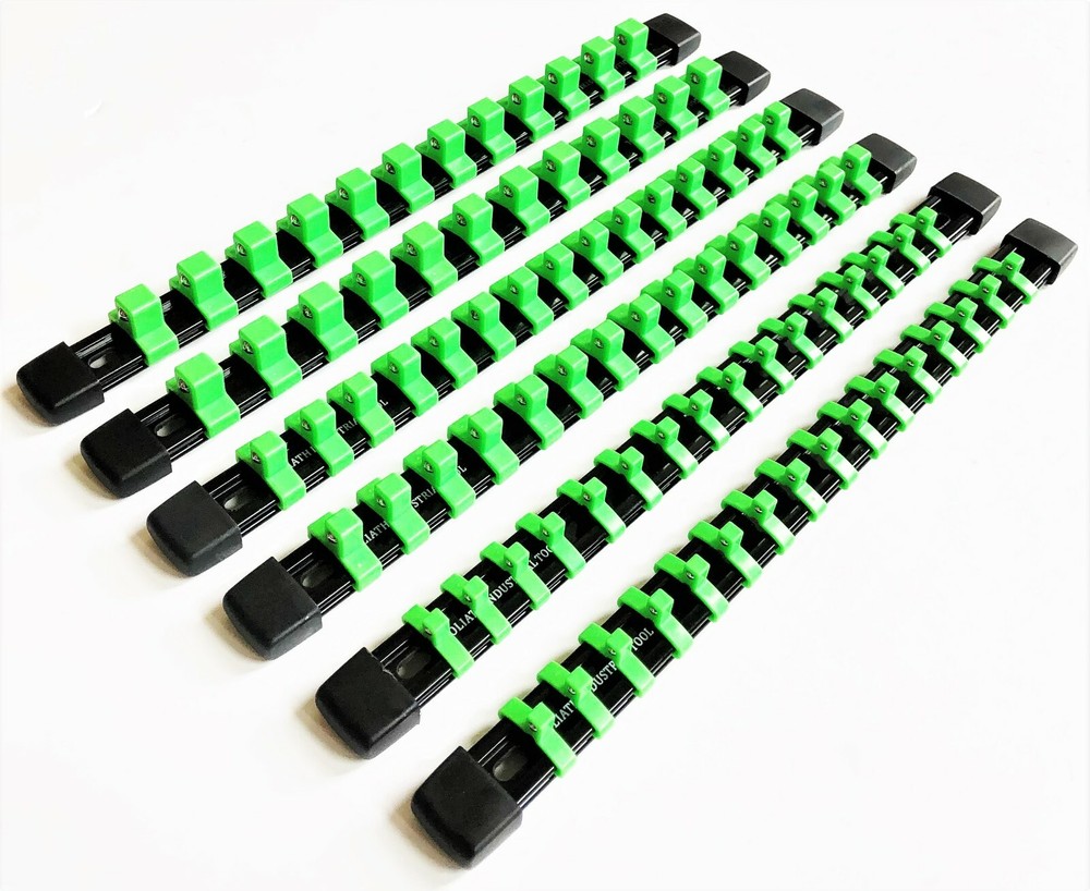 6 GOLIATH INDUSTRIAL ABS MOUNTABLE SOCKET RAIL RACK HOLDER ORGANIZER LIME GREEN
