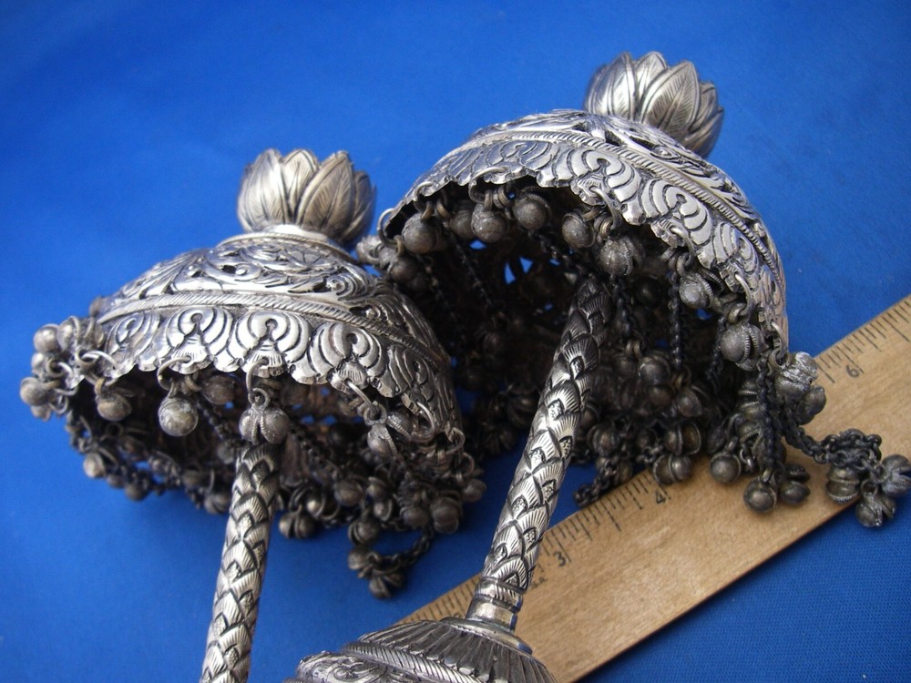 Old PAIR INDIAN Silver PALM / UMBRELLA Shaped CANDLESTICKS-Pierced-Bell Dangles