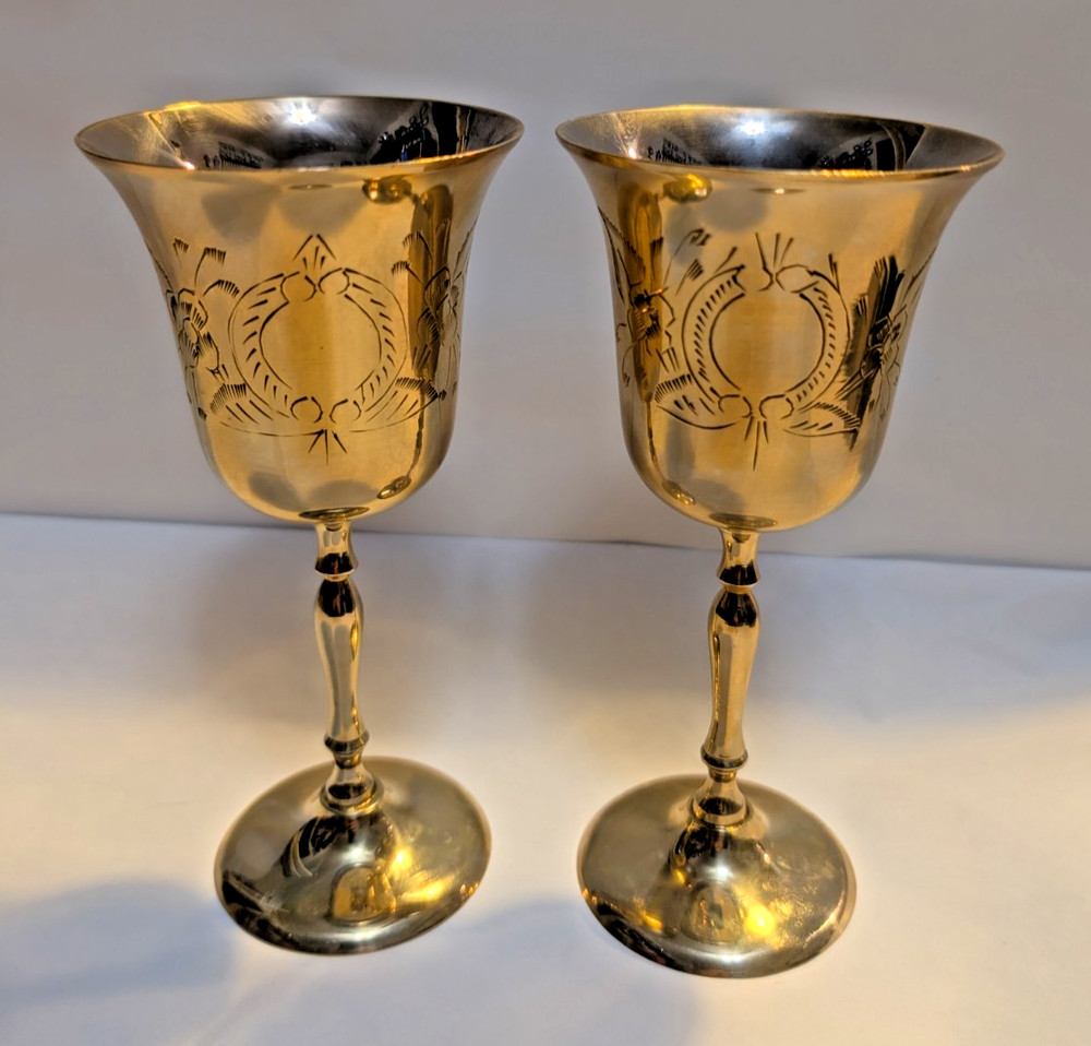 Vintage Etched Solid Brass Couples Toast Wine Goblets in Velvet Case. Nice