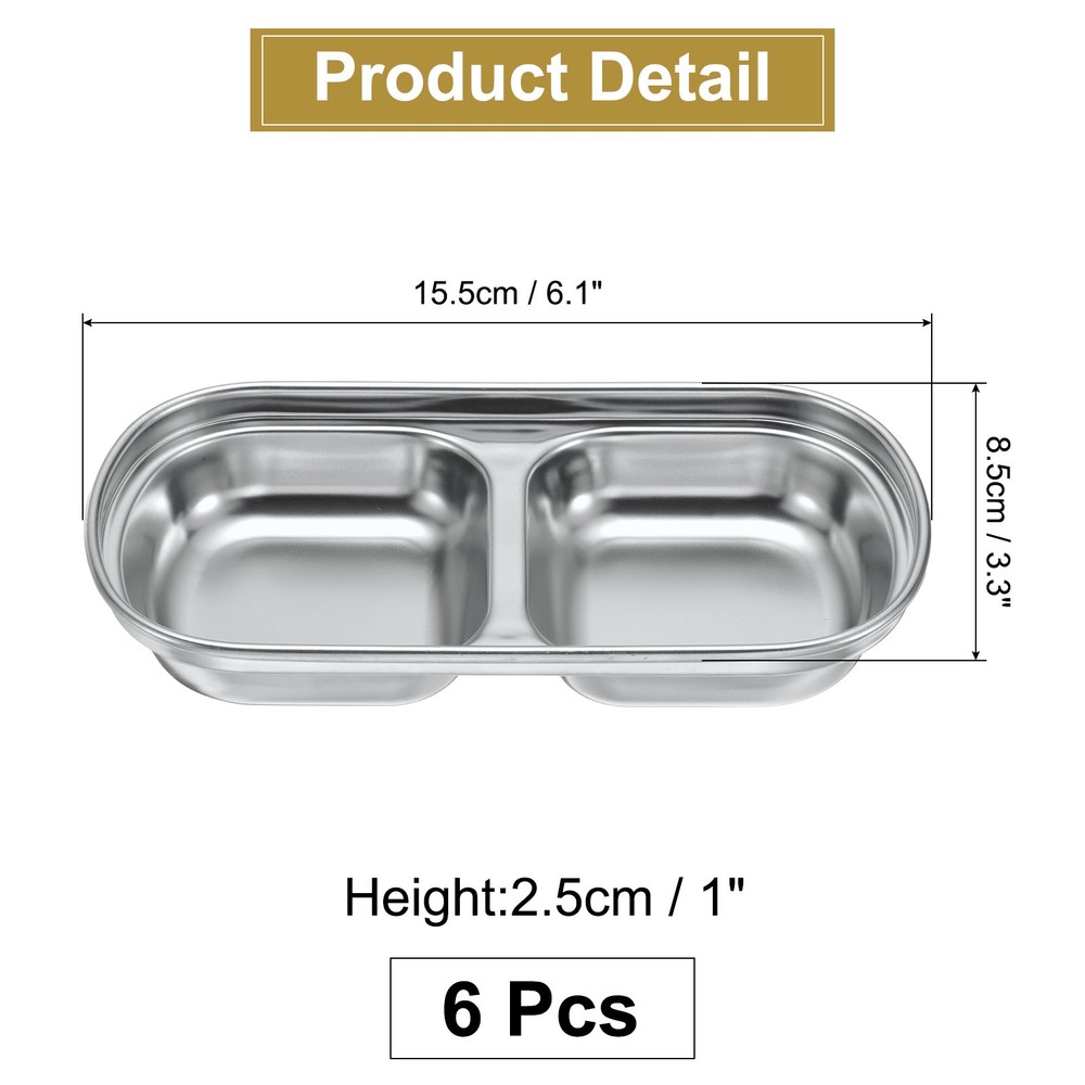 6pcs Metal Dish Dipping with 2 Rectangular Compartment Divided Silver