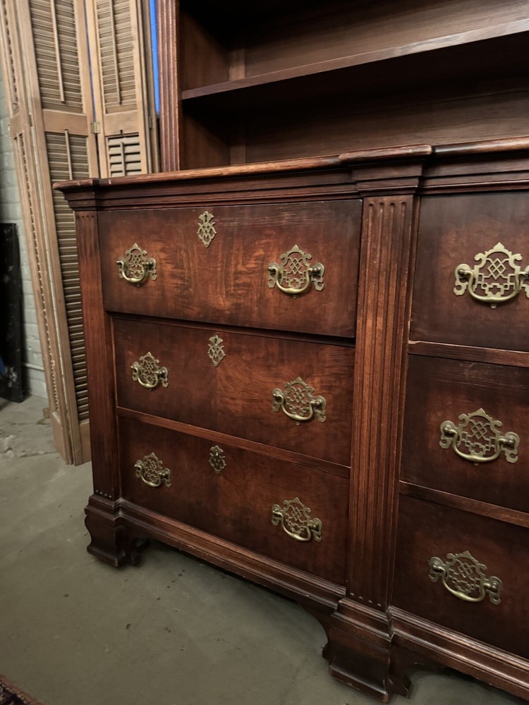 20th C. George II Style Walnut Chippendale Style Breakfront Hutch Brass Hardware