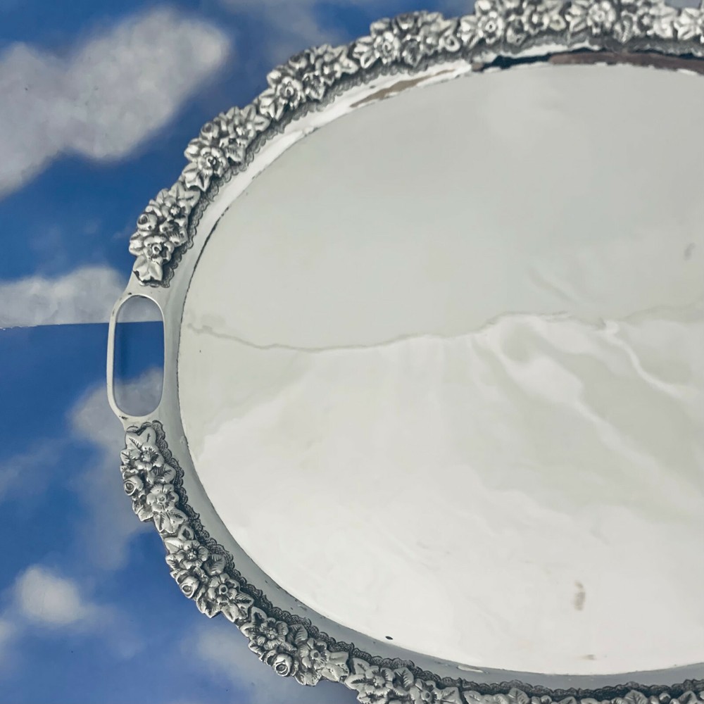 SOLID 925 STERLING SILVER OVAL MOTIF FLORAL TRAY / PLATTER