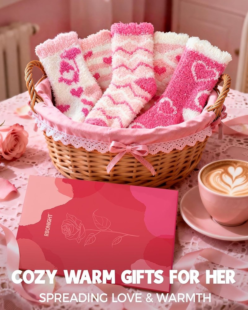 Warm Fluffy Heart Pattern Socks Gift Set - Ideal Valentine's Basket Stuffers