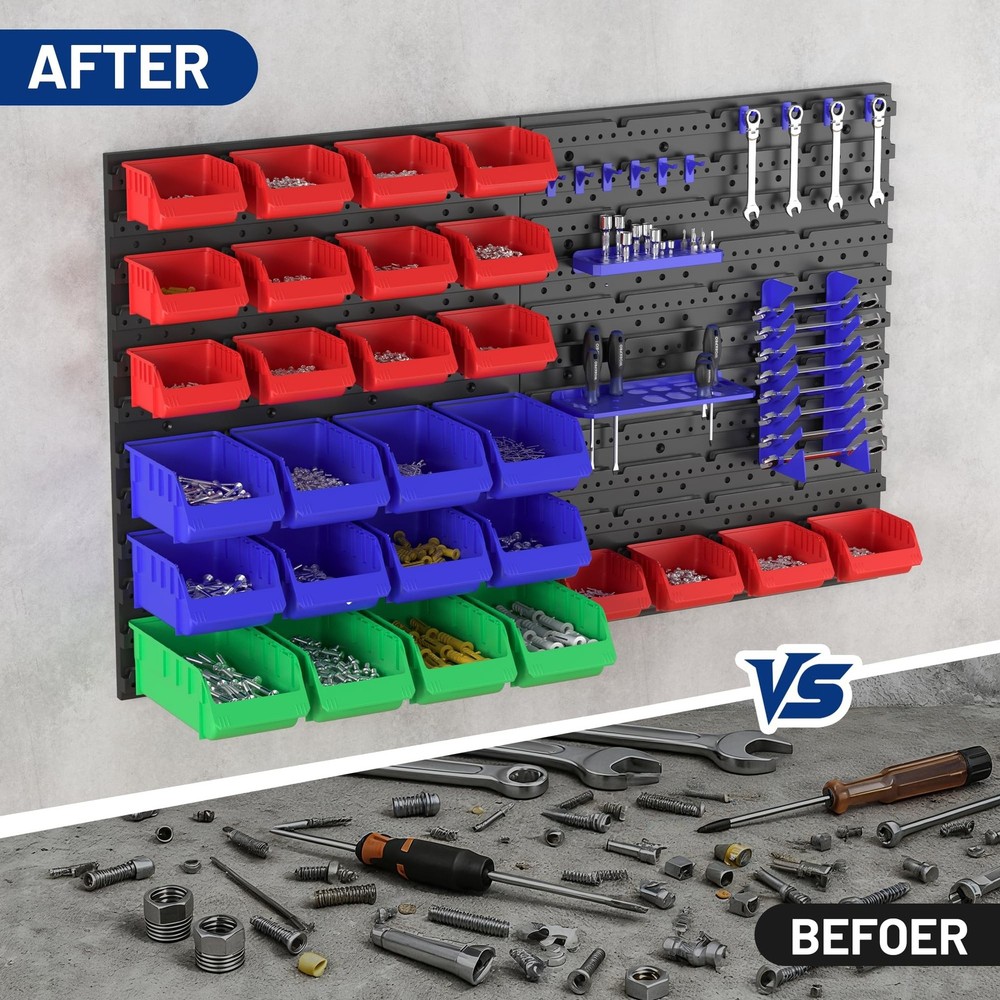 WORKPRO Pegboard Organizer Wall Mounted, 44PC Tool Storage Rack with Bins and...