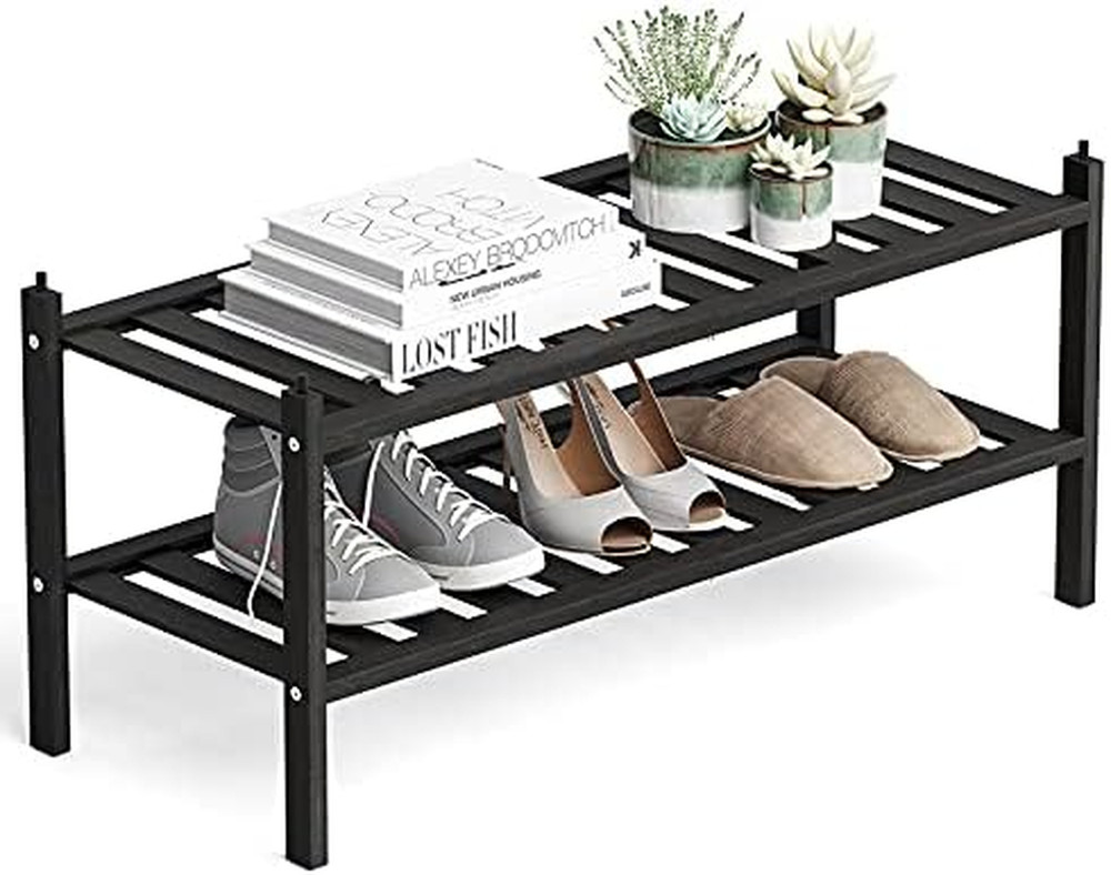 Shoe Rack, 2-Tier Bamboo Stackable Shelf Storage Organizer, Stand for Closet, En