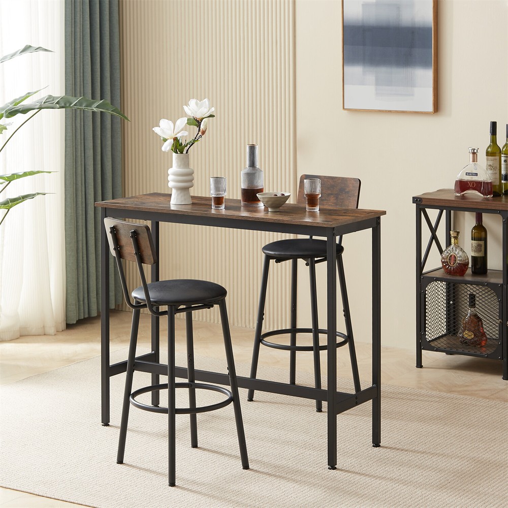 3 Piece Bar Table Set Counter Height Kitchen Pub Table w/ 2 Bar Stools Brown