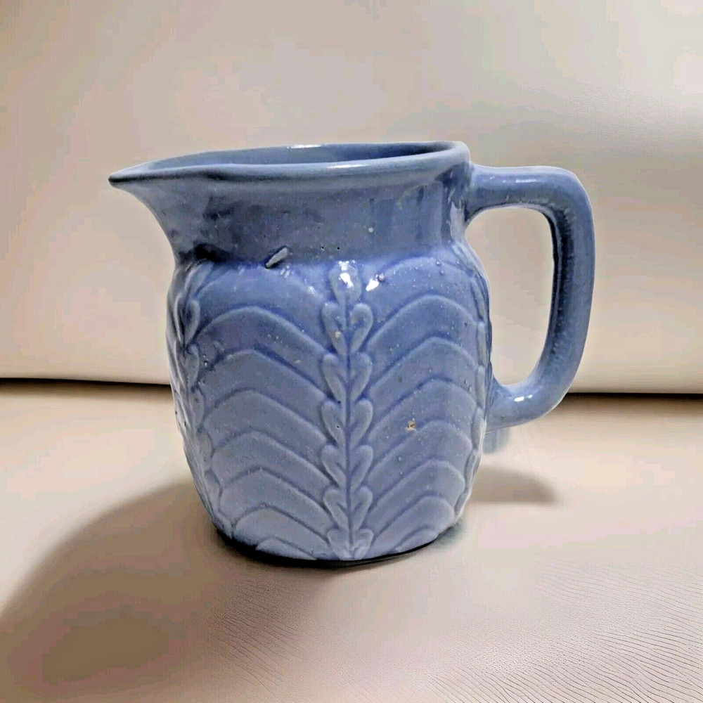Blue Stoneware Arc Leaf Pattern Milk Pitcher Vintage Excellent Cond.