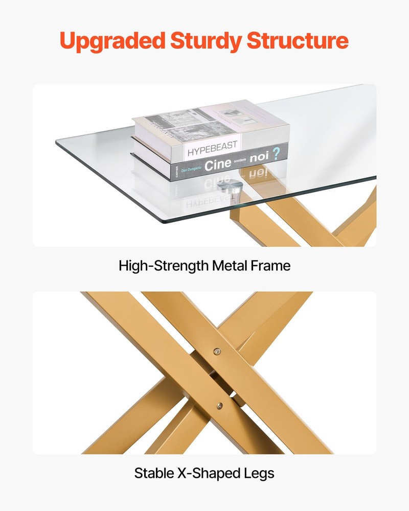 [New]Glass Coffee Table,Modern Rectangle Sofa Side Table w/Tempered Glass Top &