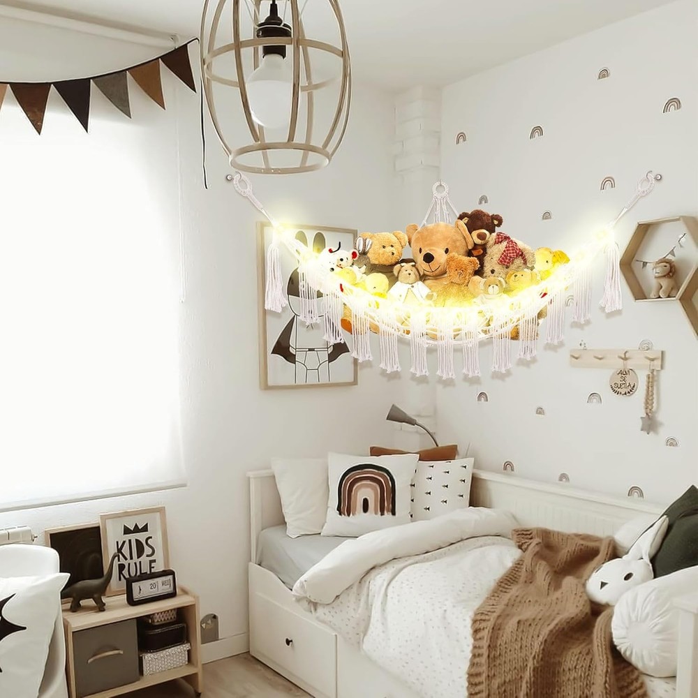 Jumbo White Stuffed Animal Hammock with LED Light – Chic Corner Storage Solution