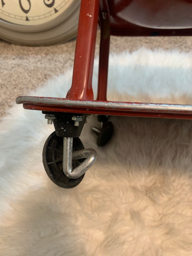VINTAGE RED METAL ROLLING GARAGE STOOL