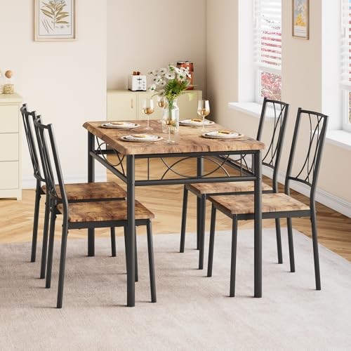 5-Piece Wood Dining Table Set for 4, Rectangular Table and 4 Chairs Brown