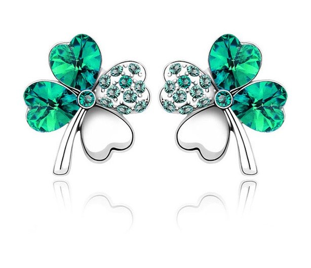 Four Leaf Clover Pierced Stud  Earrings with Austrian Crystal