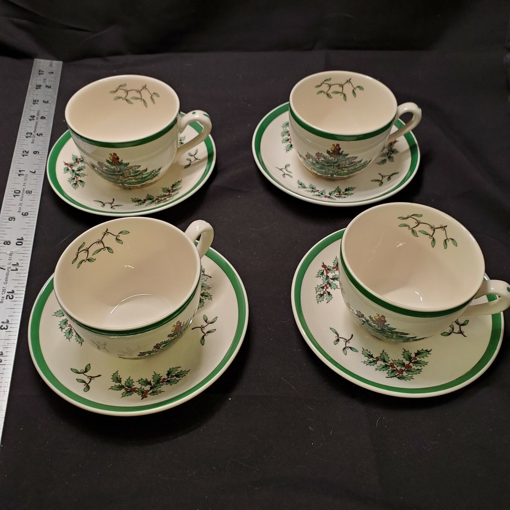SPODE China England CHRISTMAS TREE S3324 Pattern  4- FLAT CUP and SAUCER SETS