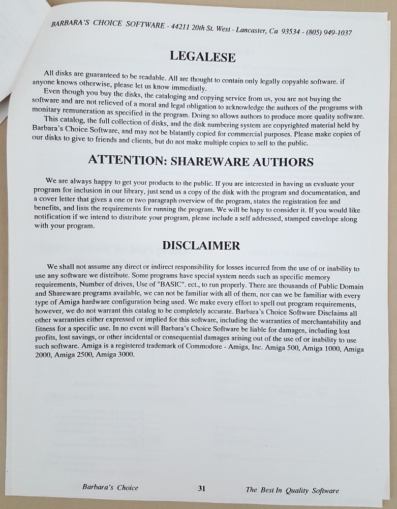 Barbara's Choice for Commodore Amiga and C64/C128 Computers '92 Software Catalog