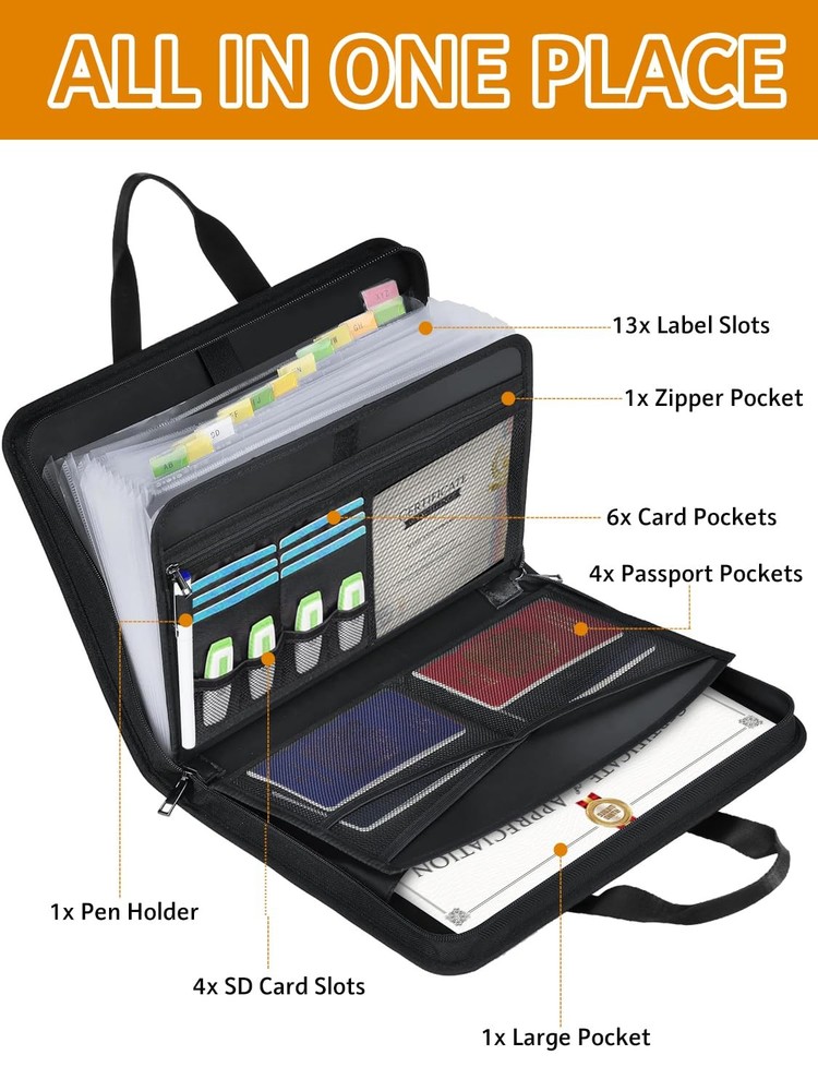 Important Document Organizer with Handle, Fireproof Accordion File Black Storage