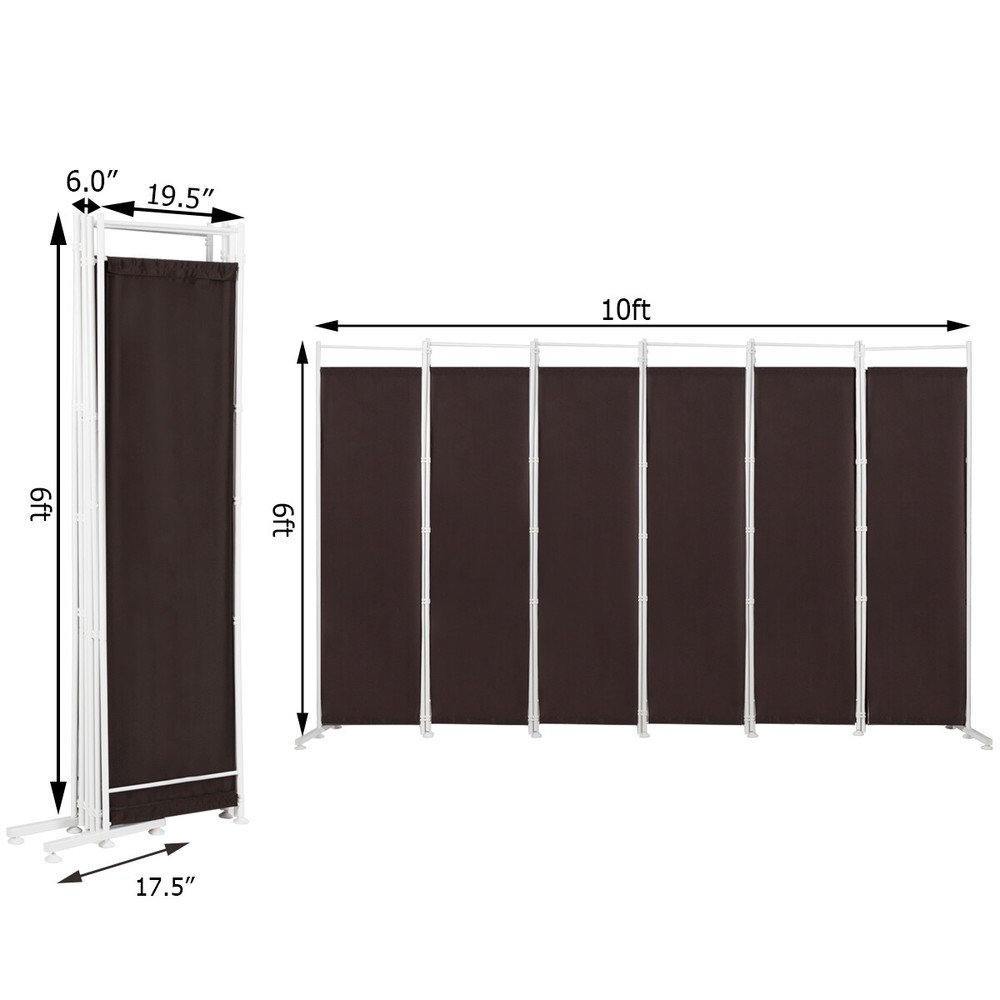 6-Panel Room Divider Folding Privacy Screen w/Steel Frame Decoration Brown