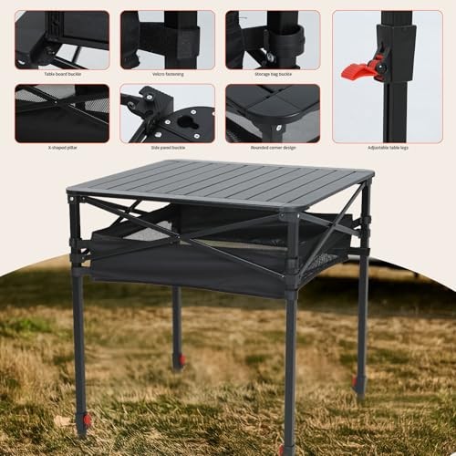 Aluminum Square Table, Adjustable Height Folding Camping Table, Small